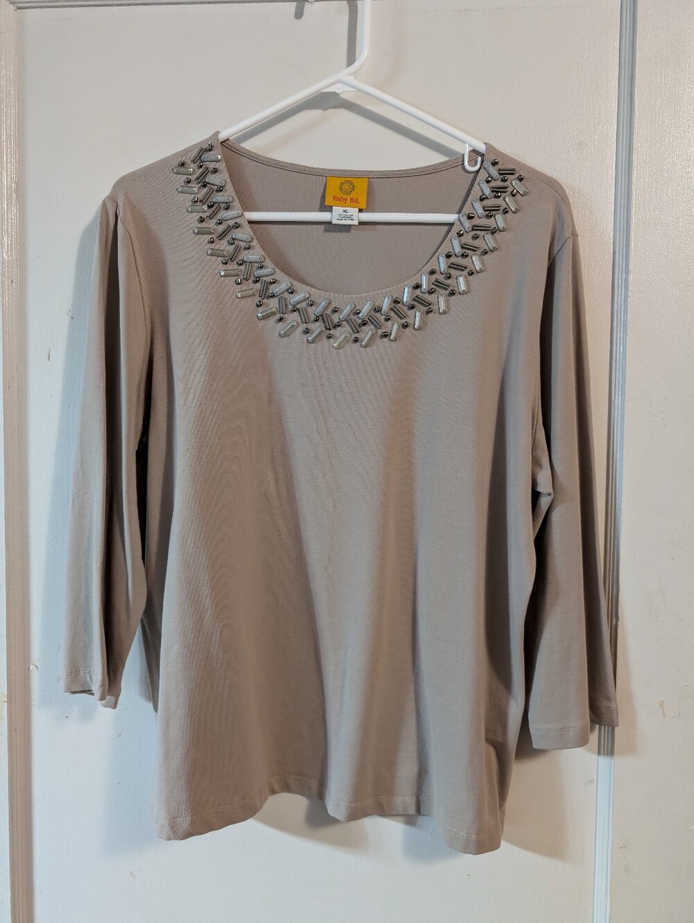 Ruby Rd. Taupe Embellished Scoop Neck Long Sleeve Top